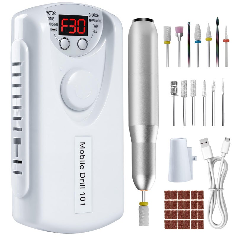 Droyek Electric Nail Drill Portable Nail Drill Professional 30000 RPM 13 Salon Quality Drill bits 50 Sanding Bands Portable  Low Noise for Acrylic Nails Gel Polishing Removing Bits Kit for Home Use